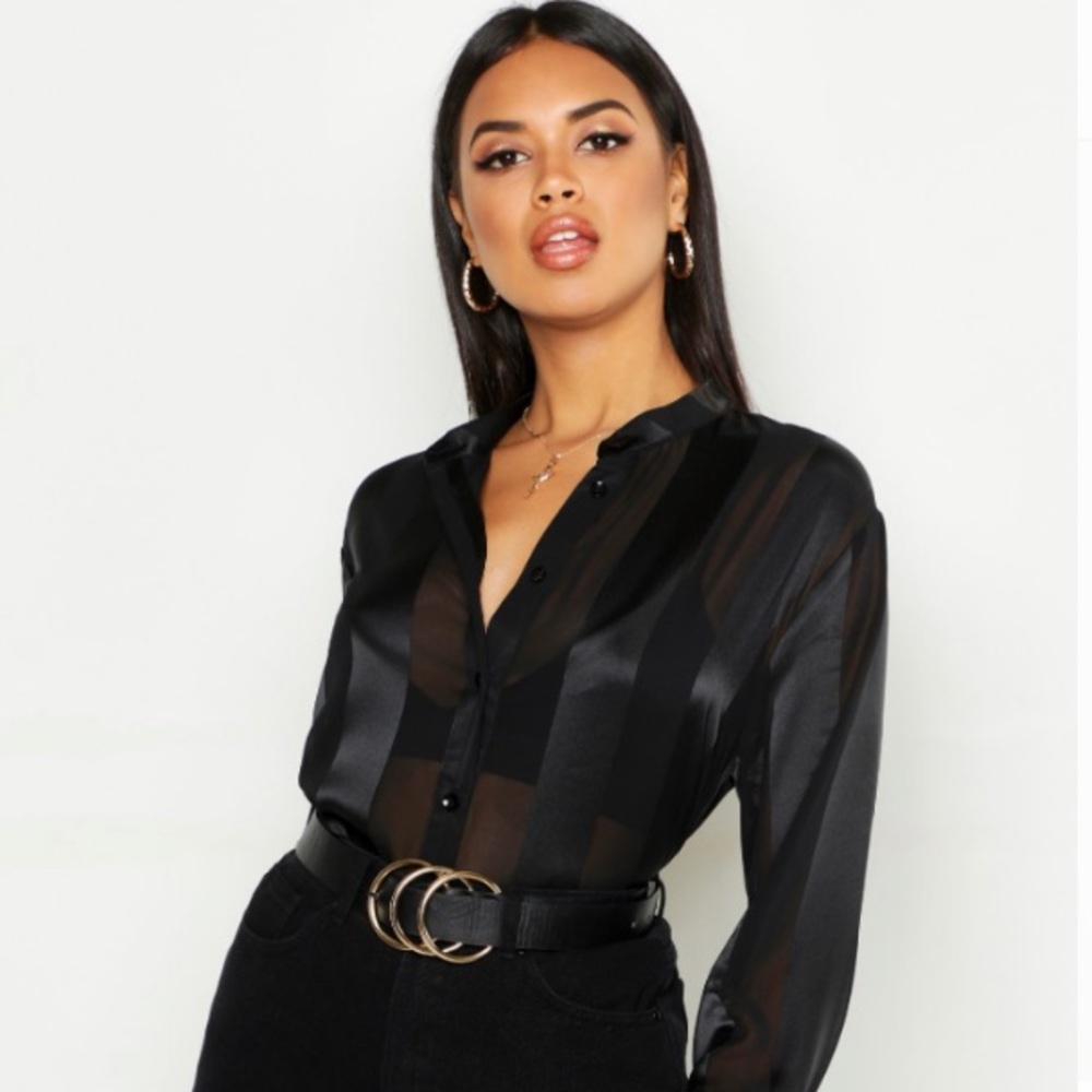 BOOHOO SATIN STRIPE COLLARLESS SHIRT - 6